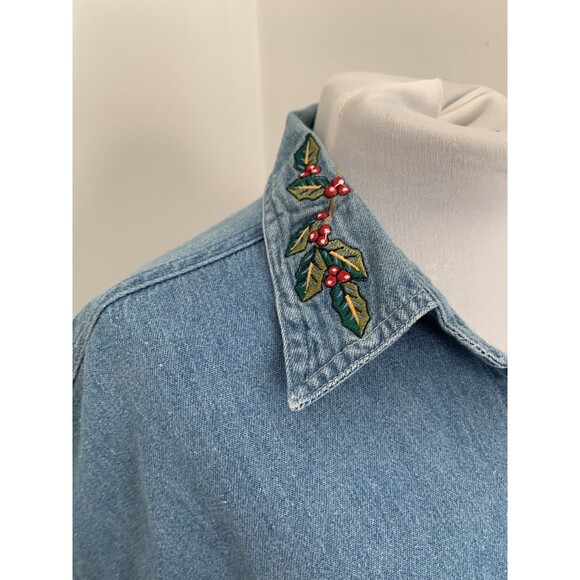 VTG Quizz NY Embroider Christmas Teddy Bear Jean Denim VTG Top Holly Polo Ralph - Picture 7 of 11